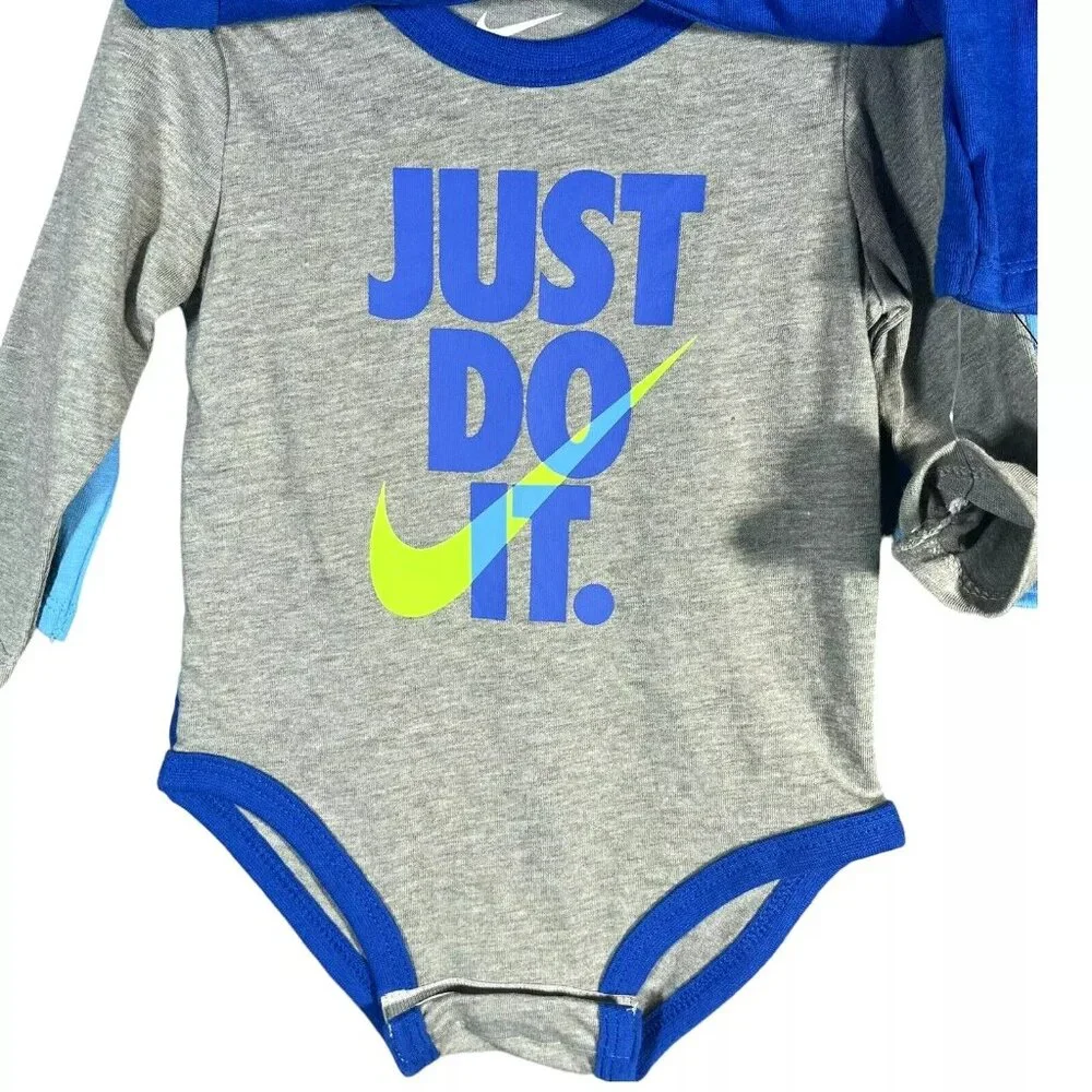 Nike Baby Boy's Long Sleeve Bodysuits Size 3-9 Months Blue/Multicolor 3-Pack Set